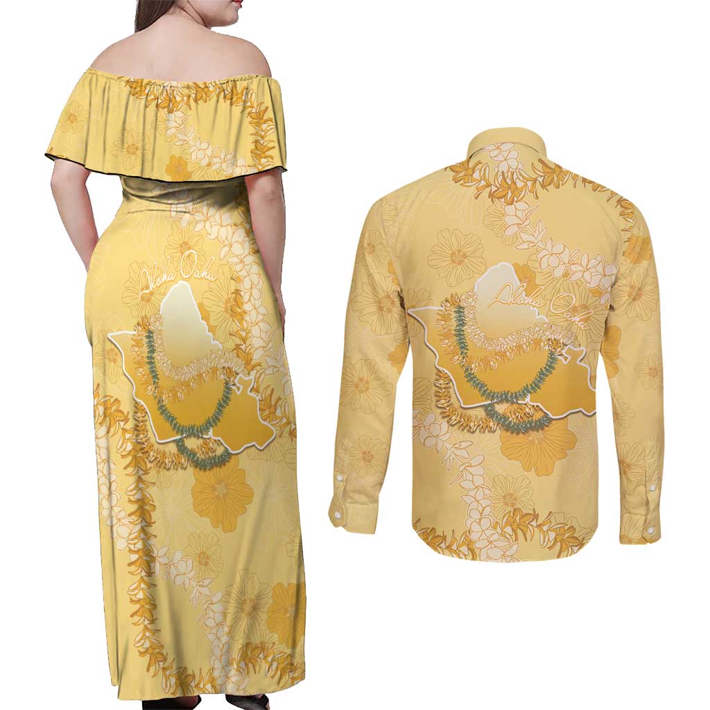 Hawaii Oahu Island Flowers Lei Couples Matching Off Shoulder Maxi Dress and Long Sleeve Button Shirt Yellow Ilima Mix Plumeria