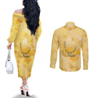 Hawaii Oahu Island Flowers Lei Couples Matching Off The Shoulder Long Sleeve Dress and Long Sleeve Button Shirt Yellow Ilima Mix Plumeria