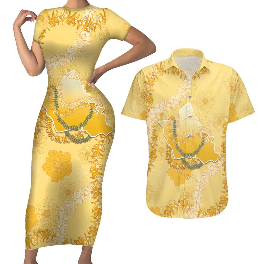 Hawaii Oahu Island Flowers Lei Couples Matching Short Sleeve Bodycon Dress and Hawaiian Shirt Yellow Ilima Mix Plumeria