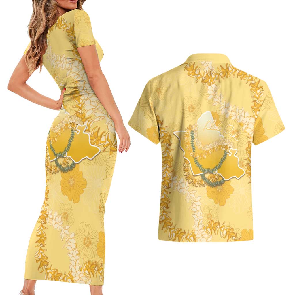 Hawaii Oahu Island Flowers Lei Couples Matching Short Sleeve Bodycon Dress and Hawaiian Shirt Yellow Ilima Mix Plumeria