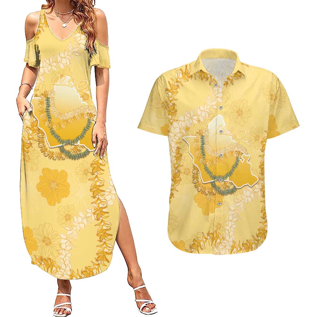 Hawaii Oahu Island Flowers Lei Couples Matching Summer Maxi Dress and Hawaiian Shirt Yellow Ilima Mix Plumeria