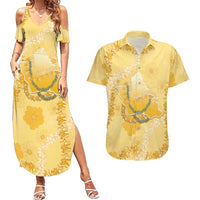 Hawaii Oahu Island Flowers Lei Couples Matching Summer Maxi Dress and Hawaiian Shirt Yellow Ilima Mix Plumeria