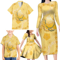 Hawaii Oahu Island Flowers Lei Family Matching Long Sleeve Bodycon Dress and Hawaiian Shirt Yellow Ilima Mix Plumeria