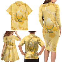 Hawaii Oahu Island Flowers Lei Family Matching Long Sleeve Bodycon Dress and Hawaiian Shirt Yellow Ilima Mix Plumeria