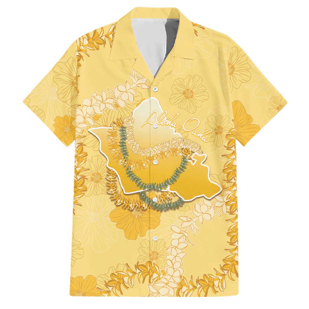 Hawaii Oahu Island Flowers Lei Family Matching Long Sleeve Bodycon Dress and Hawaiian Shirt Yellow Ilima Mix Plumeria