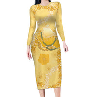 Hawaii Oahu Island Flowers Lei Family Matching Long Sleeve Bodycon Dress and Hawaiian Shirt Yellow Ilima Mix Plumeria