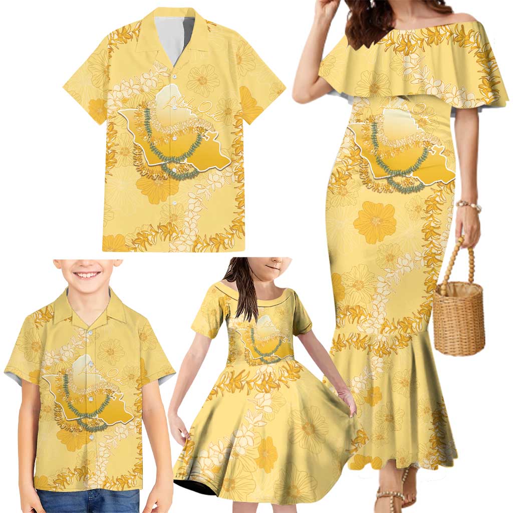 Hawaii Oahu Island Flowers Lei Family Matching Mermaid Dress and Hawaiian Shirt Yellow Ilima Mix Plumeria