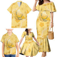 Hawaii Oahu Island Flowers Lei Family Matching Mermaid Dress and Hawaiian Shirt Yellow Ilima Mix Plumeria