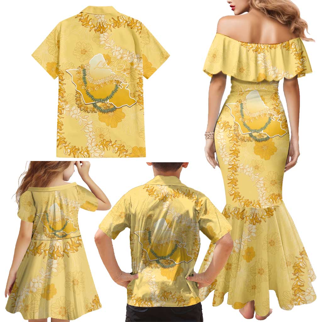 Hawaii Oahu Island Flowers Lei Family Matching Mermaid Dress and Hawaiian Shirt Yellow Ilima Mix Plumeria