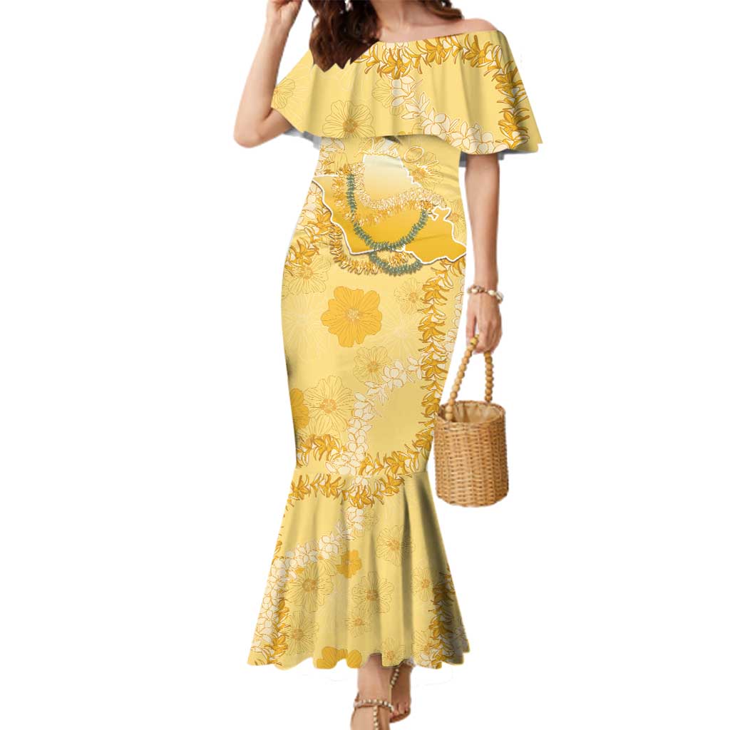 Hawaii Oahu Island Flowers Lei Family Matching Mermaid Dress and Hawaiian Shirt Yellow Ilima Mix Plumeria
