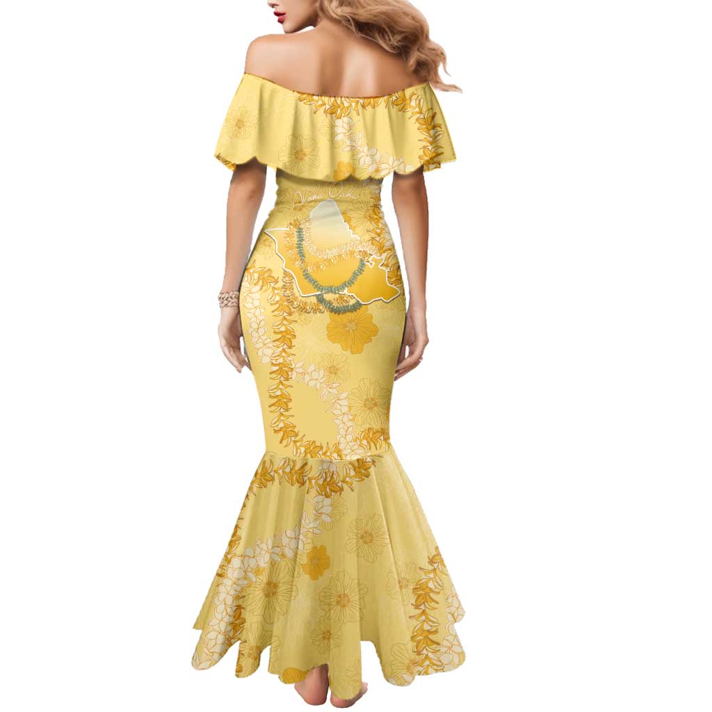 Hawaii Oahu Island Flowers Lei Family Matching Mermaid Dress and Hawaiian Shirt Yellow Ilima Mix Plumeria