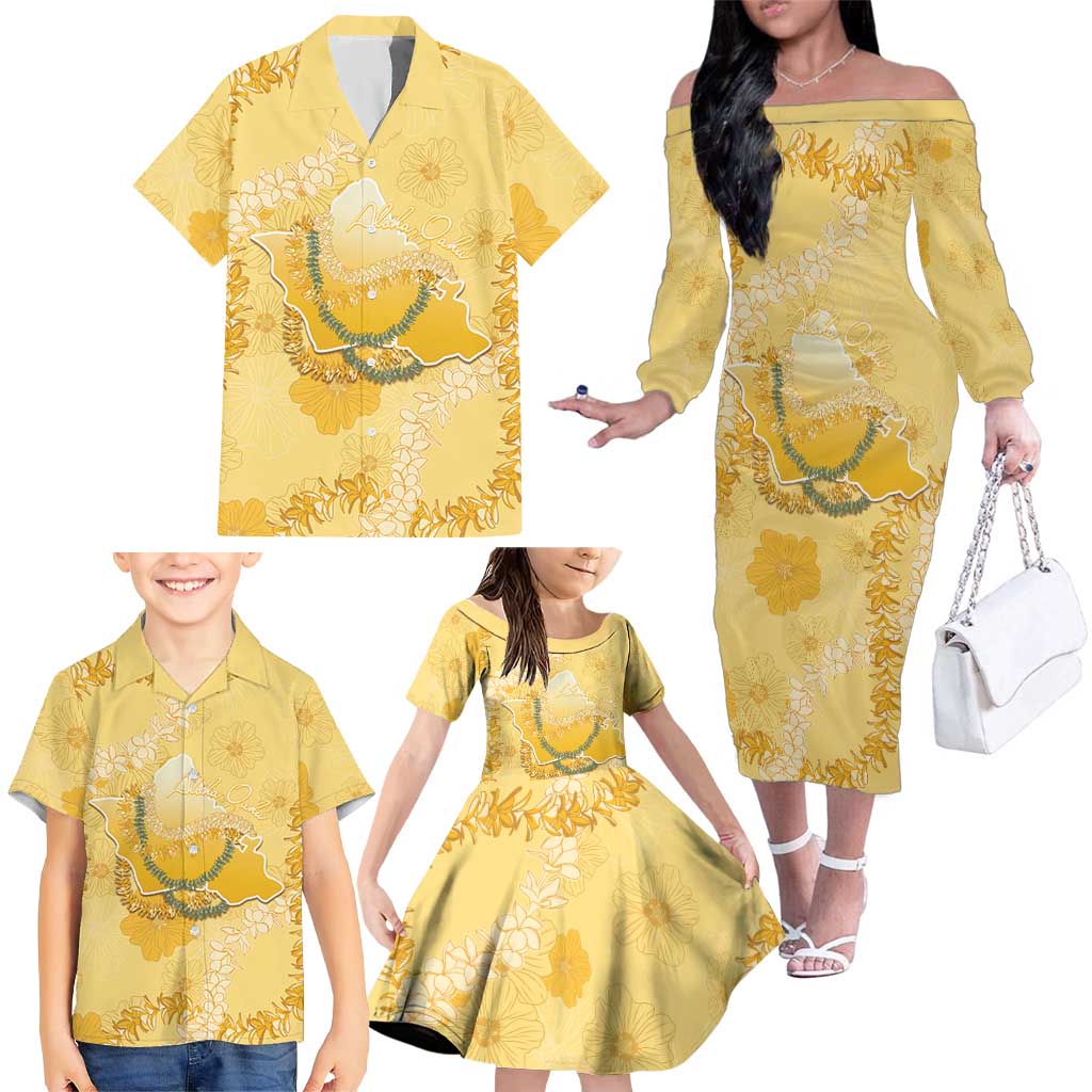 Hawaii Oahu Island Flowers Lei Family Matching Off The Shoulder Long Sleeve Dress and Hawaiian Shirt Yellow Ilima Mix Plumeria