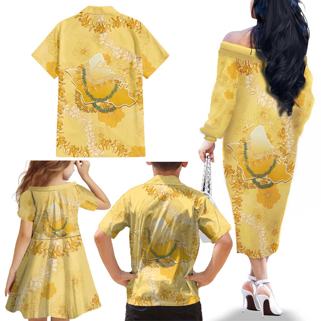 Hawaii Oahu Island Flowers Lei Family Matching Off The Shoulder Long Sleeve Dress and Hawaiian Shirt Yellow Ilima Mix Plumeria
