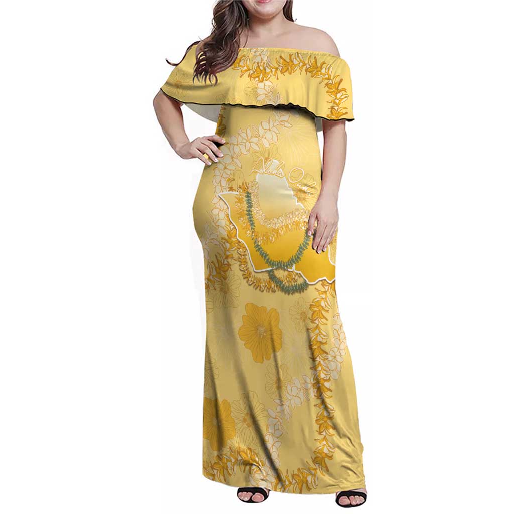 Hawaii Oahu Island Flowers Lei Family Matching Off Shoulder Maxi Dress and Hawaiian Shirt Yellow Ilima Mix Plumeria