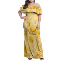 Hawaii Oahu Island Flowers Lei Family Matching Off Shoulder Maxi Dress and Hawaiian Shirt Yellow Ilima Mix Plumeria