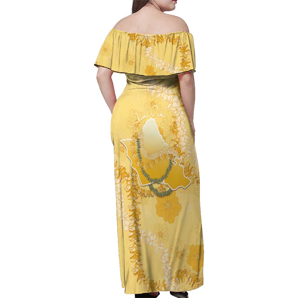 Hawaii Oahu Island Flowers Lei Family Matching Off Shoulder Maxi Dress and Hawaiian Shirt Yellow Ilima Mix Plumeria