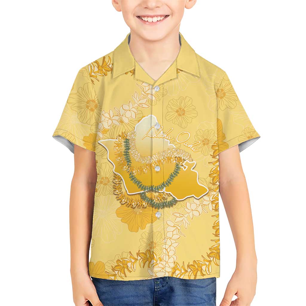 Hawaii Oahu Island Flowers Lei Family Matching Off Shoulder Maxi Dress and Hawaiian Shirt Yellow Ilima Mix Plumeria