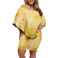 Hawaii Oahu Island Flowers Lei Family Matching Off Shoulder Short Dress and Hawaiian Shirt Yellow Ilima Mix Plumeria