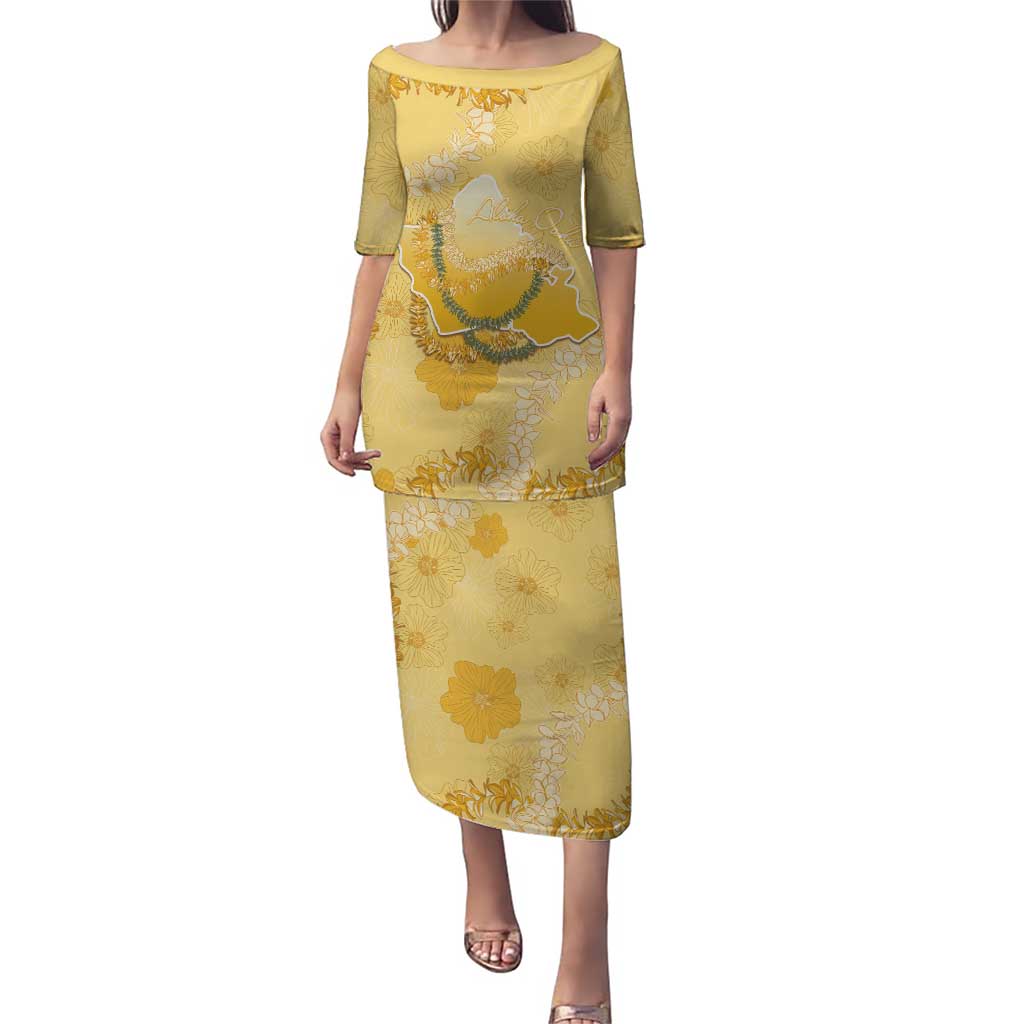 Hawaii Oahu Island Flowers Lei Family Matching Puletasi and Hawaiian Shirt Yellow Ilima Mix Plumeria