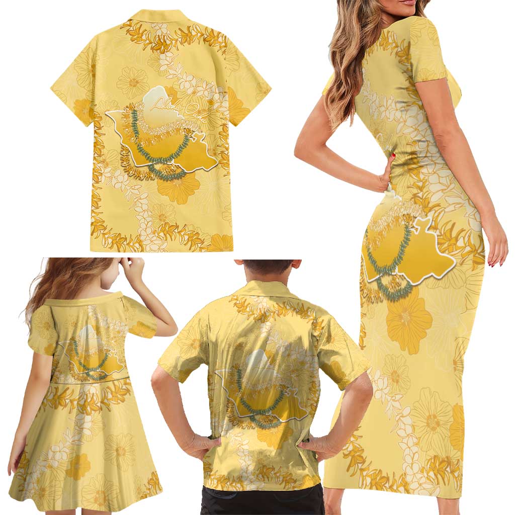 Hawaii Oahu Island Flowers Lei Family Matching Short Sleeve Bodycon Dress and Hawaiian Shirt Yellow Ilima Mix Plumeria