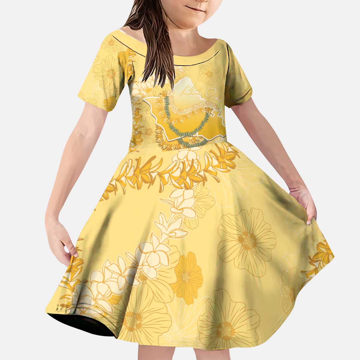 Hawaii Oahu Island Flowers Lei Kid Short Sleeve Dress Yellow Ilima Mix Plumeria