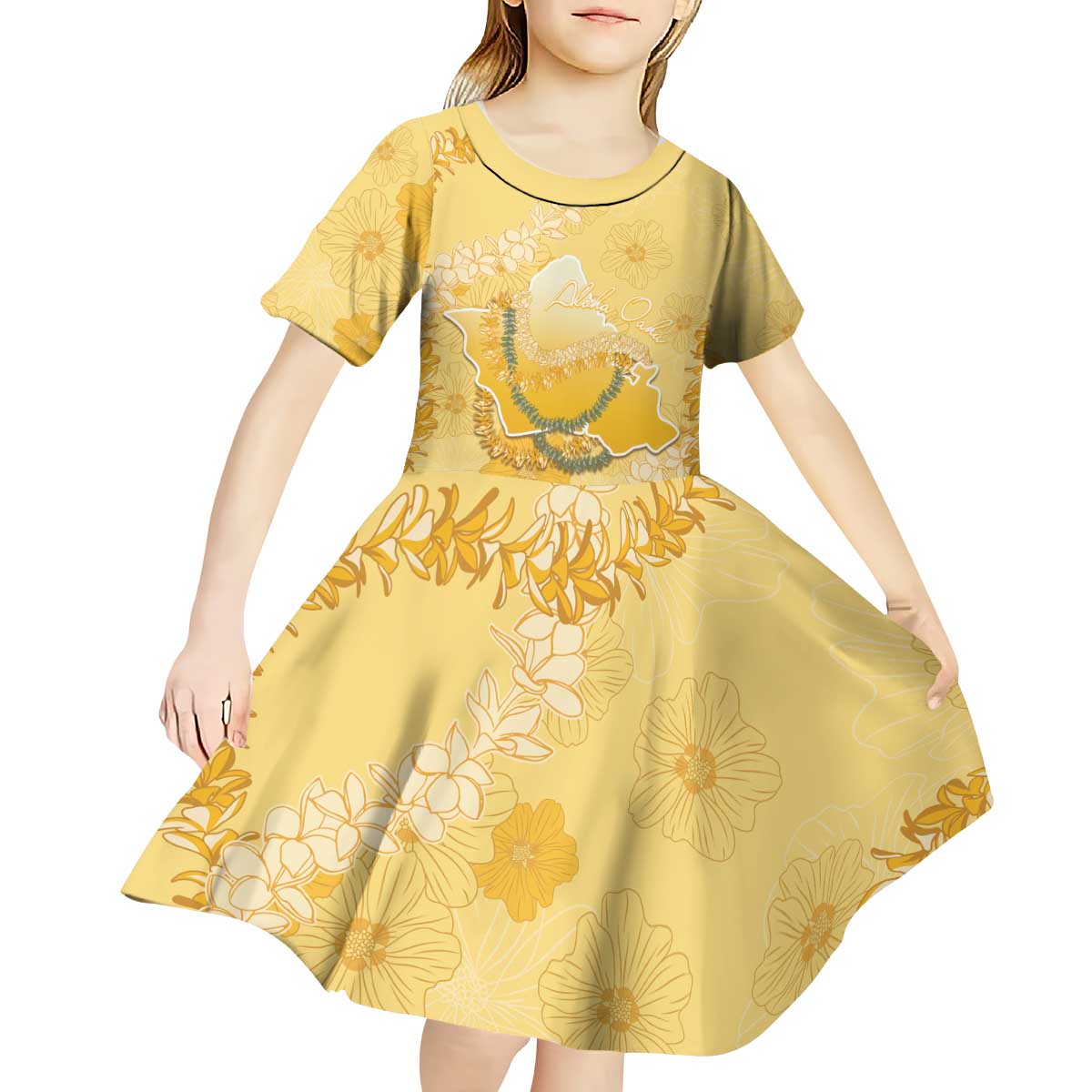 Hawaii Oahu Island Flowers Lei Kid Short Sleeve Dress Yellow Ilima Mix Plumeria