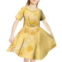 Hawaii Oahu Island Flowers Lei Kid Short Sleeve Dress Yellow Ilima Mix Plumeria