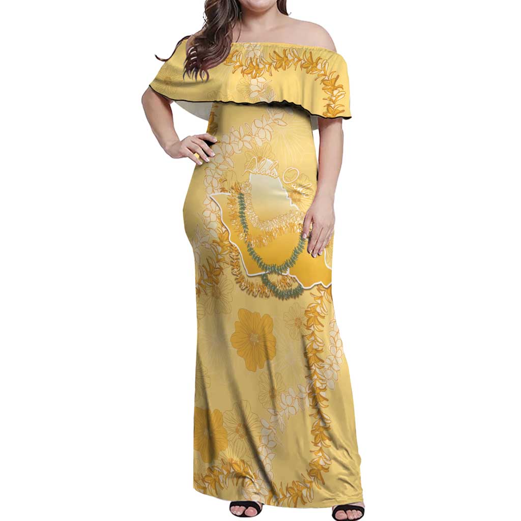 Hawaii Oahu Island Flowers Lei Off Shoulder Maxi Dress Yellow Ilima Mix Plumeria LT7 Women Yellow - Polynesian Pride