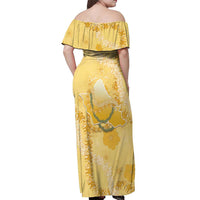 Hawaii Oahu Island Flowers Lei Off Shoulder Maxi Dress Yellow Ilima Mix Plumeria