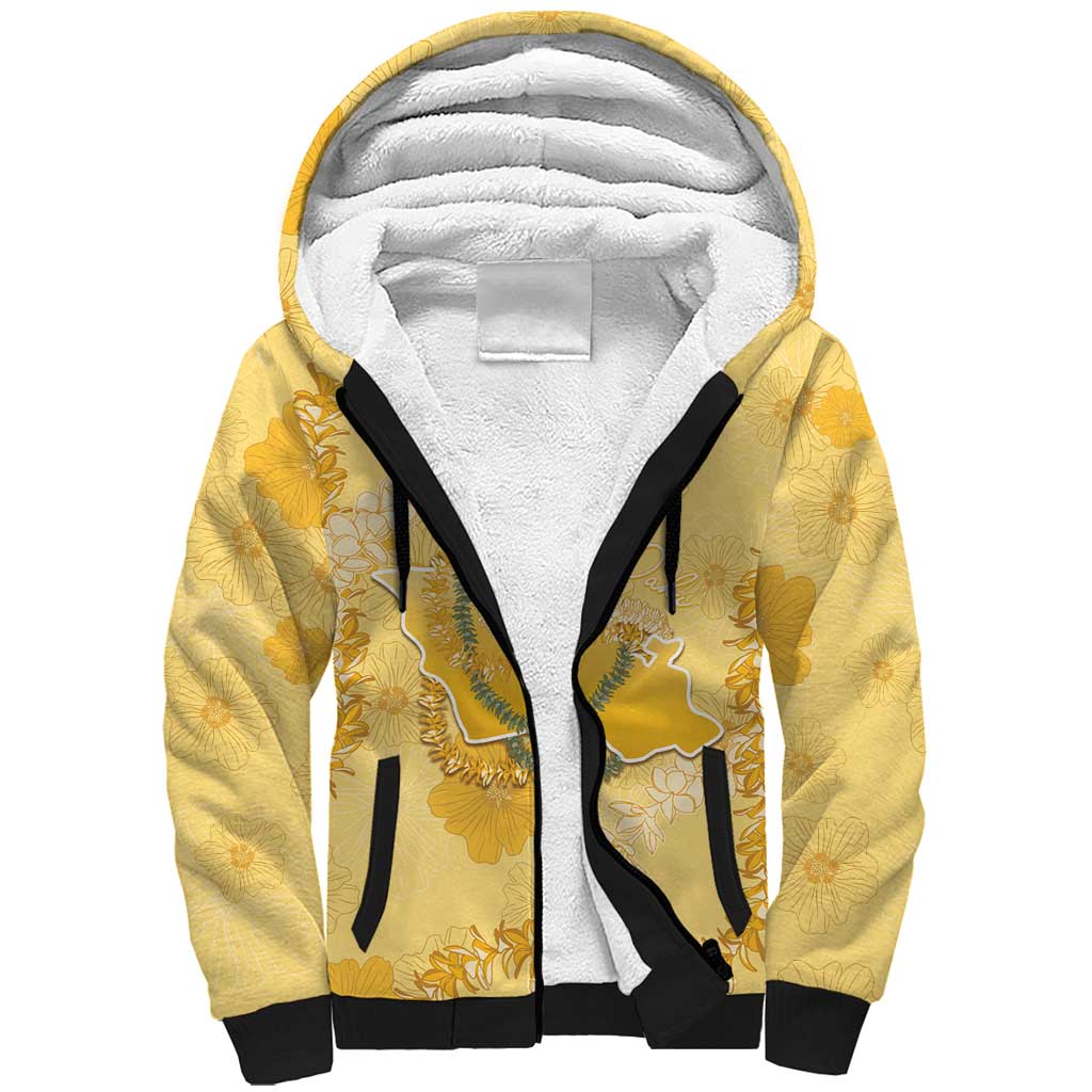 Hawaii Oahu Island Flowers Lei Sherpa Hoodie Yellow Ilima Mix Plumeria