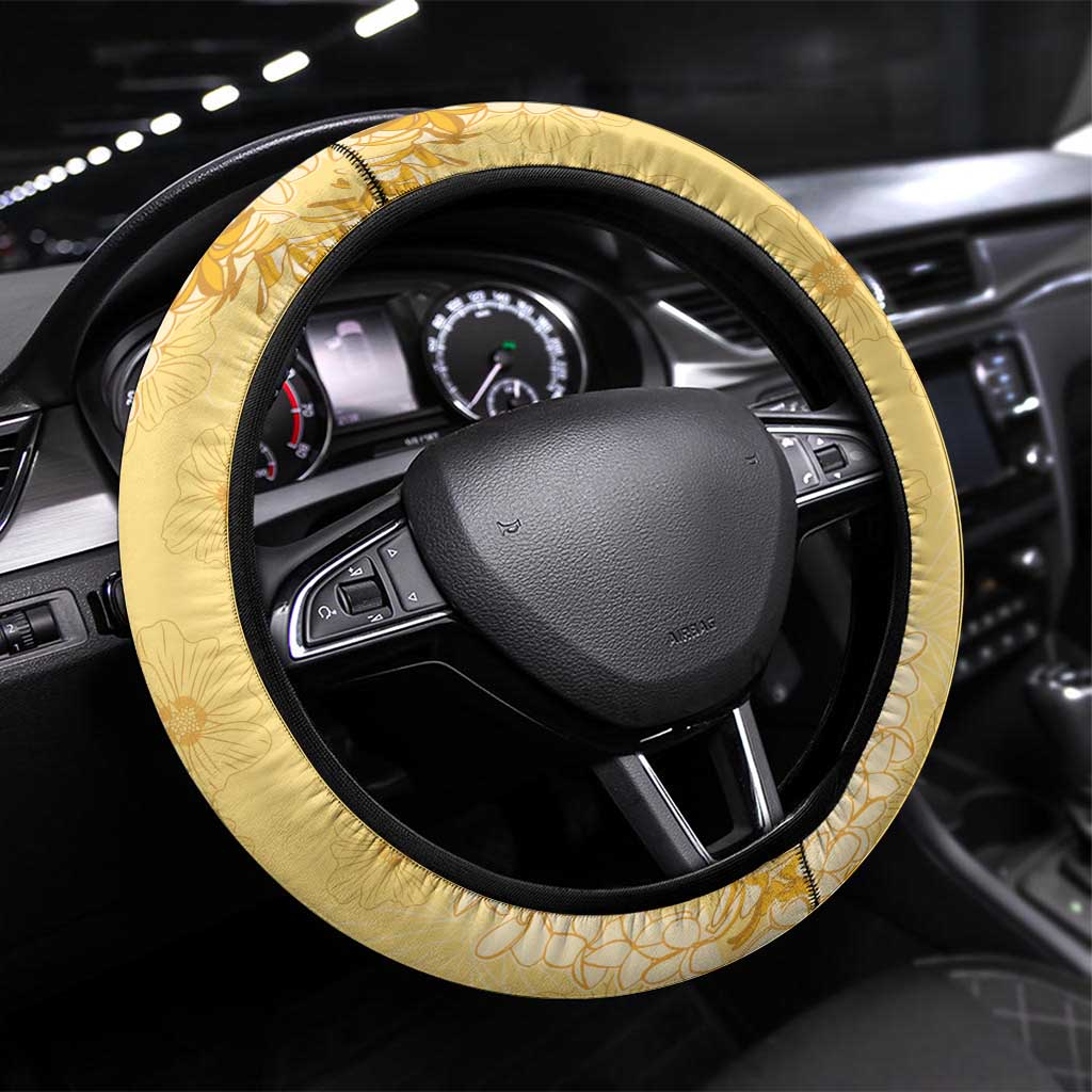 Hawaii Oahu Island Flowers Lei Steering Wheel Cover Yellow Ilima Mix Plumeria LT7 Universal Fit Yellow - Polynesian Pride
