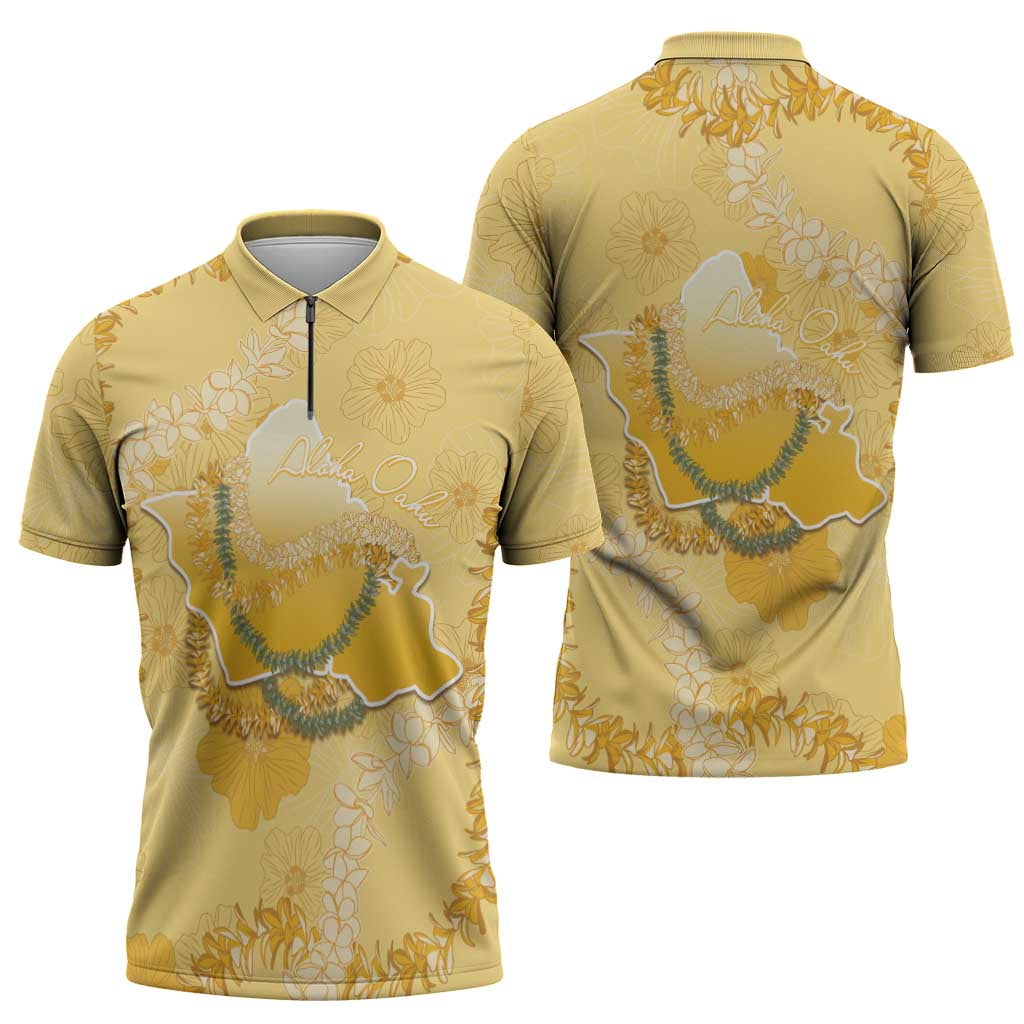 Hawaii Oahu Island Flowers Lei Zipper Polo Shirt Yellow Ilima Mix Plumeria