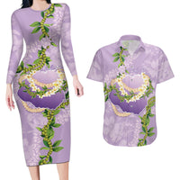 Hawaii Kauai Island Flowers Lei Couples Matching Long Sleeve Bodycon Dress and Hawaiian Shirt Mokihana Lei