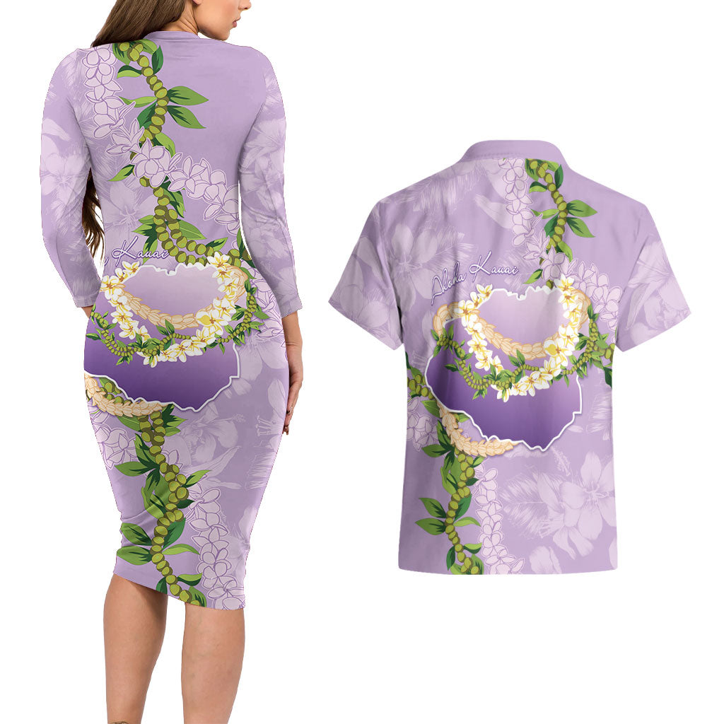 Hawaii Kauai Island Flowers Lei Couples Matching Long Sleeve Bodycon Dress and Hawaiian Shirt Mokihana Lei