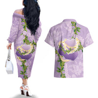 Hawaii Kauai Island Flowers Lei Couples Matching Off The Shoulder Long Sleeve Dress and Hawaiian Shirt Mokihana Lei
