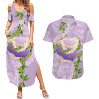 Hawaii Kauai Island Flowers Lei Couples Matching Summer Maxi Dress and Hawaiian Shirt Mokihana Lei