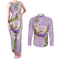Hawaii Kauai Island Flowers Lei Couples Matching Tank Maxi Dress and Long Sleeve Button Shirt Mokihana Lei