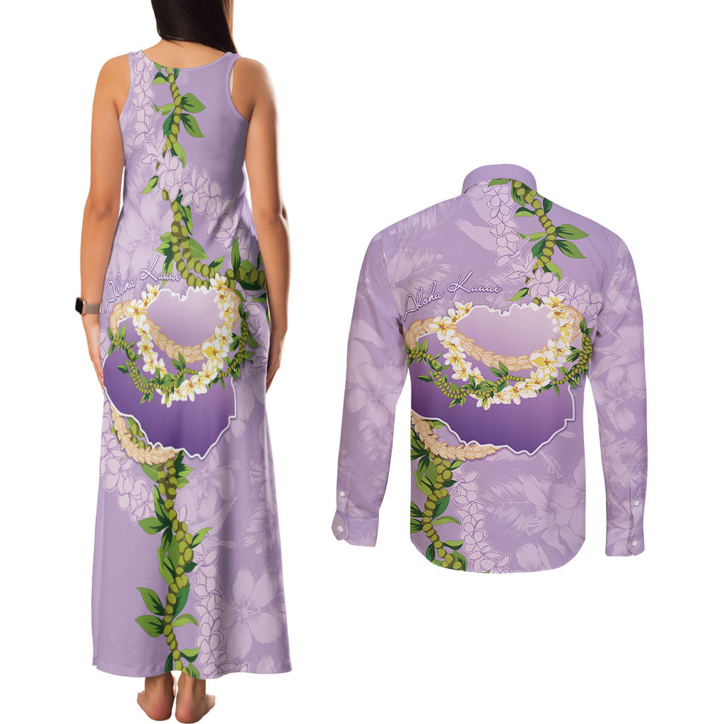 Hawaii Kauai Island Flowers Lei Couples Matching Tank Maxi Dress and Long Sleeve Button Shirt Mokihana Lei