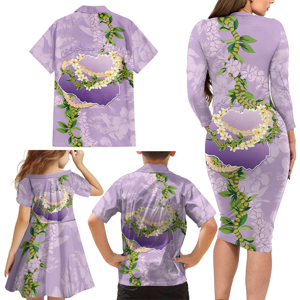 Hawaii Kauai Island Flowers Lei Family Matching Long Sleeve Bodycon Dress and Hawaiian Shirt Mokihana Lei