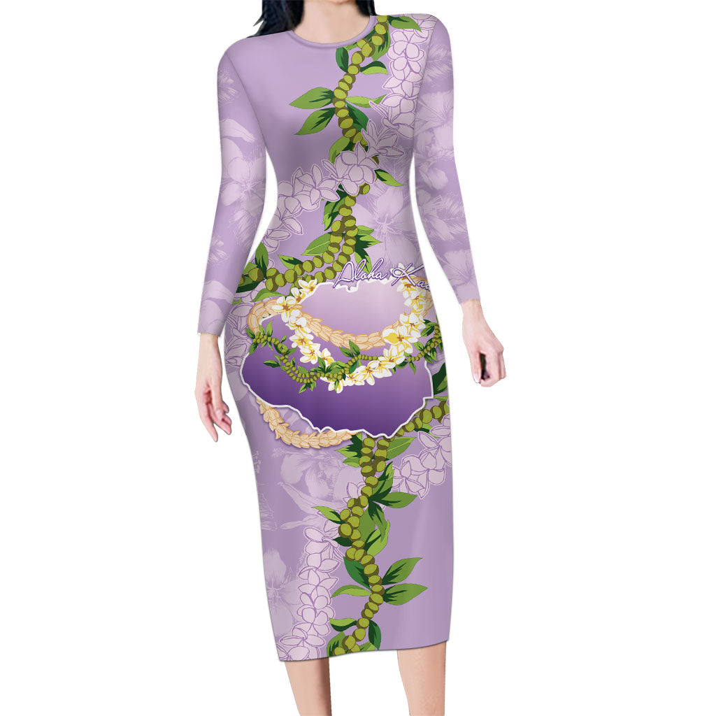 Hawaii Kauai Island Flowers Lei Family Matching Long Sleeve Bodycon Dress and Hawaiian Shirt Mokihana Lei