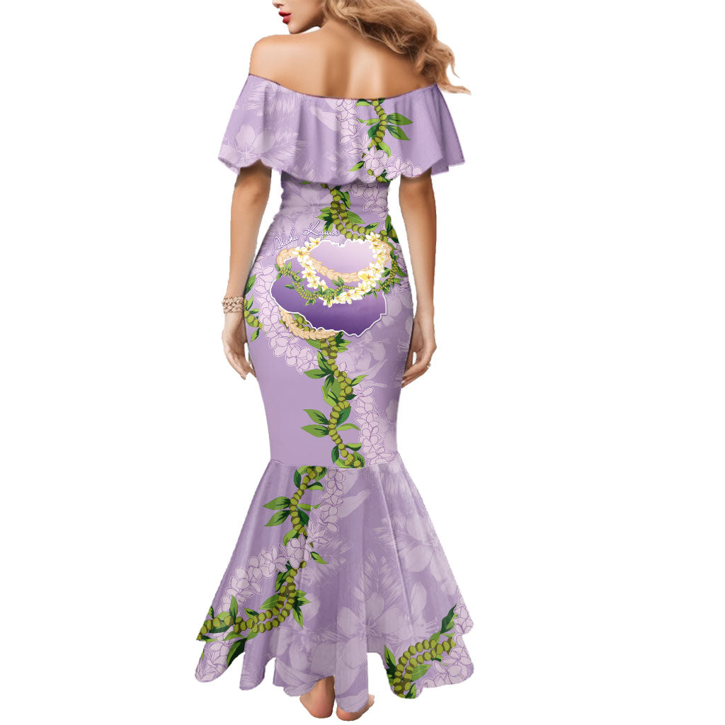 Hawaii Kauai Island Flowers Lei Family Matching Mermaid Dress and Hawaiian Shirt Mokihana Lei