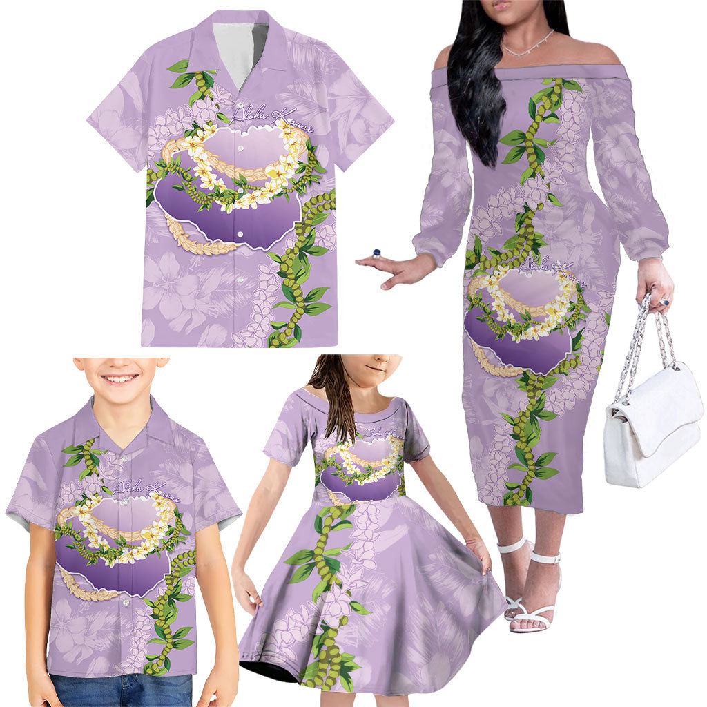 Hawaii Kauai Island Flowers Lei Family Matching Off The Shoulder Long Sleeve Dress and Hawaiian Shirt Mokihana Lei