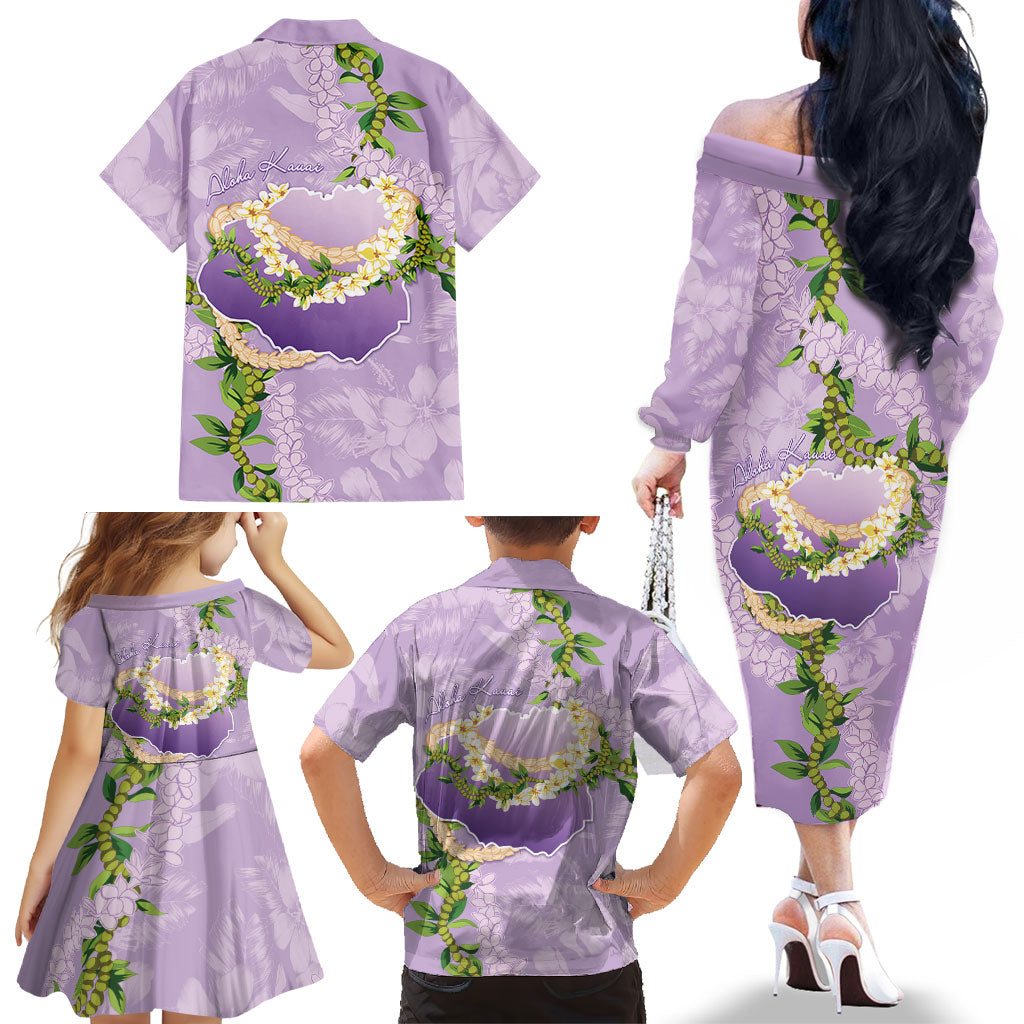 Hawaii Kauai Island Flowers Lei Family Matching Off The Shoulder Long Sleeve Dress and Hawaiian Shirt Mokihana Lei