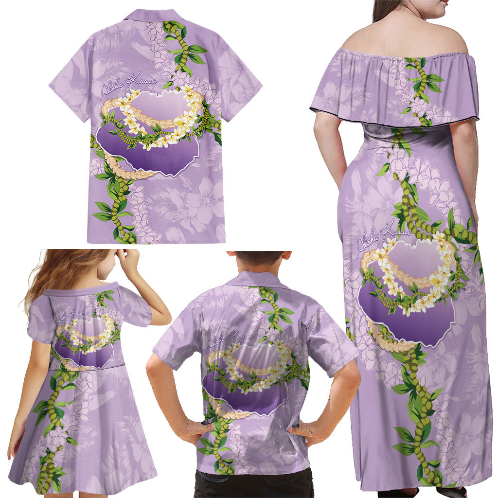 Hawaii Kauai Island Flowers Lei Family Matching Off Shoulder Maxi Dress and Hawaiian Shirt Mokihana Lei