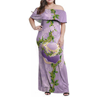 Hawaii Kauai Island Flowers Lei Family Matching Off Shoulder Maxi Dress and Hawaiian Shirt Mokihana Lei