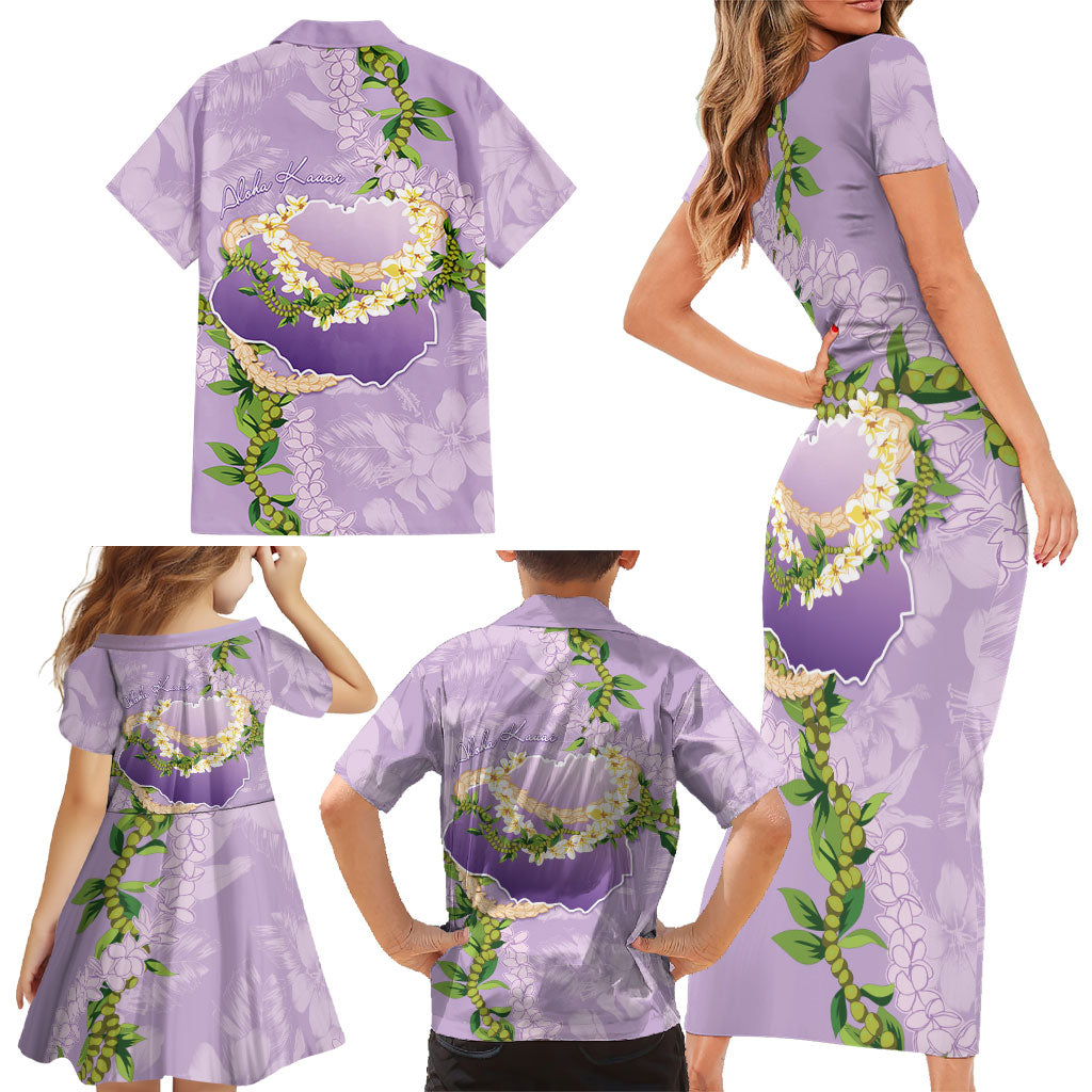 Hawaii Kauai Island Flowers Lei Family Matching Short Sleeve Bodycon Dress and Hawaiian Shirt Mokihana Lei