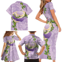 Hawaii Kauai Island Flowers Lei Family Matching Short Sleeve Bodycon Dress and Hawaiian Shirt Mokihana Lei