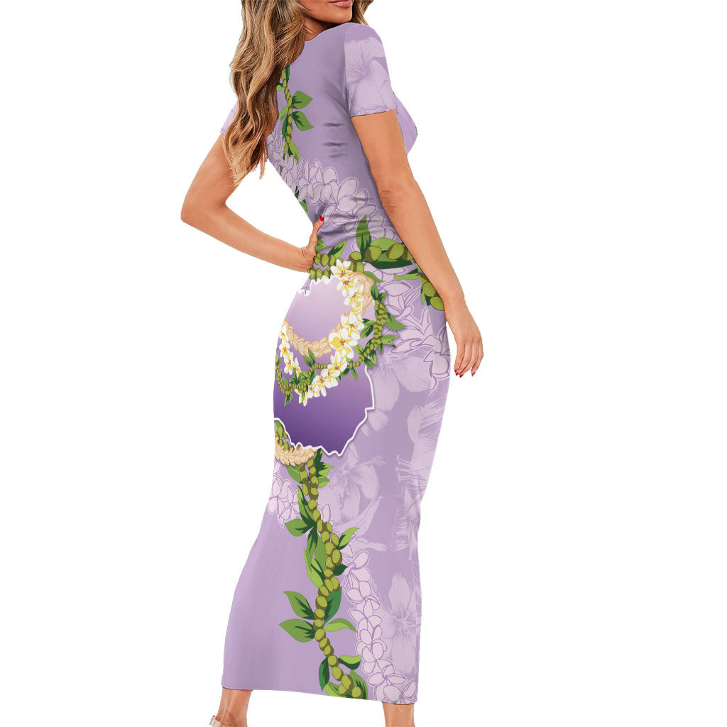 Hawaii Kauai Island Flowers Lei Family Matching Short Sleeve Bodycon Dress and Hawaiian Shirt Mokihana Lei