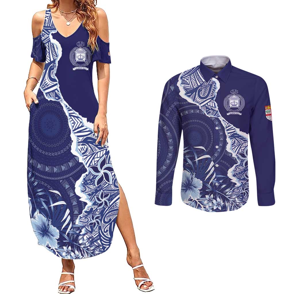 Fiji Queen Victoria School Personalised Couples Matching Summer Maxi Dress and Long Sleeve Button Shirt Masi Tapa Torn Style