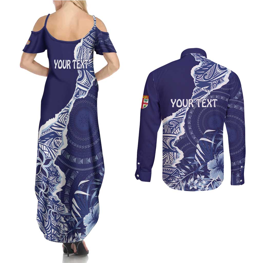 Fiji Queen Victoria School Personalised Couples Matching Summer Maxi Dress and Long Sleeve Button Shirt Masi Tapa Torn Style
